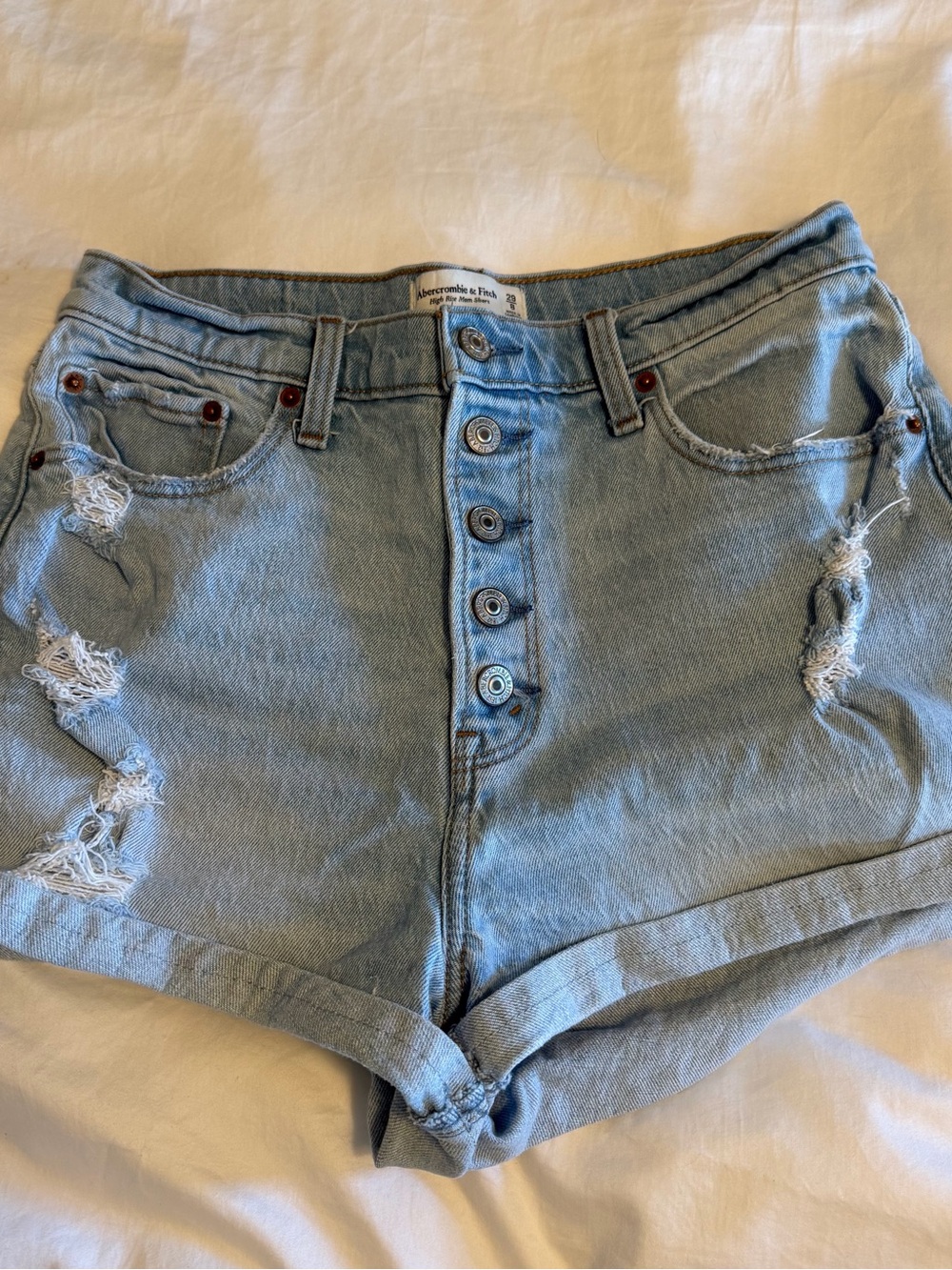 Abercrombie & Fitch Light Blue High-Waist Distressed Denim Shorts